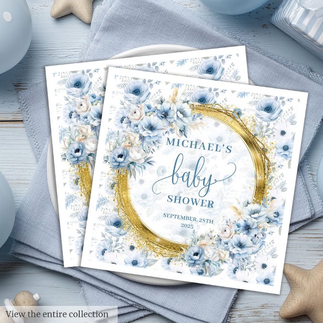 Kleine pastellblaue Blumen Goldjunge Dusche Serviette (Little pastel blue flowers gold boy baby shower Paper Dinner Napkins)
