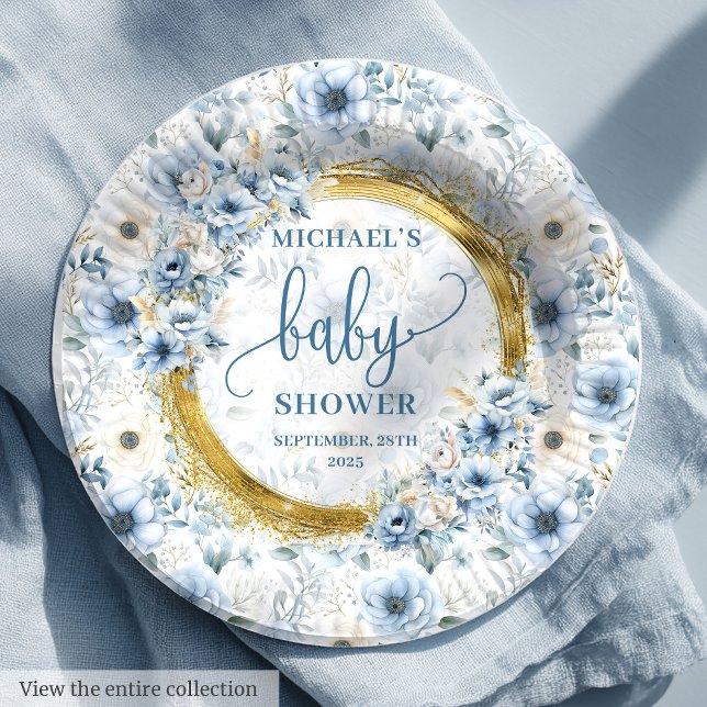 Kleine pastellblaue Blüten Goldbarsch Wasserfarbe Pappteller (Little pastel blue flowers gold boho watercolor Paper Plates)