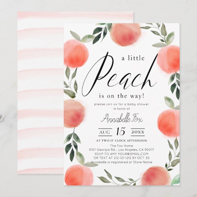 Kleine Peach Watercolor Babydusche Einladung (Vorne/Hinten)