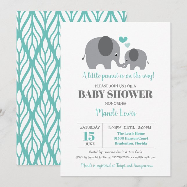 Kleine Peanut Elephant Aquamarine Babydusche Einladung (Vorne/Hinten)