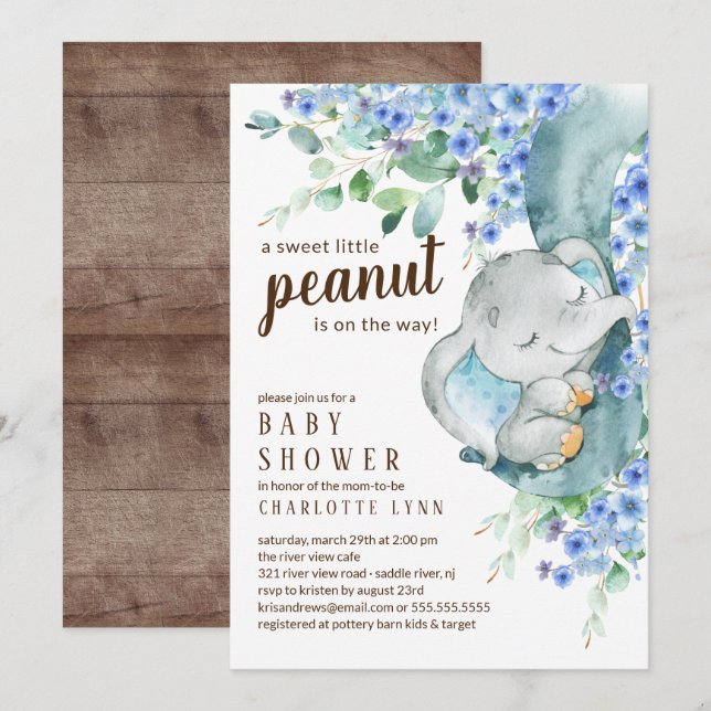 Kleine Peanut Elephant Boys Babydusche Einladung (Vorne/Hinten)