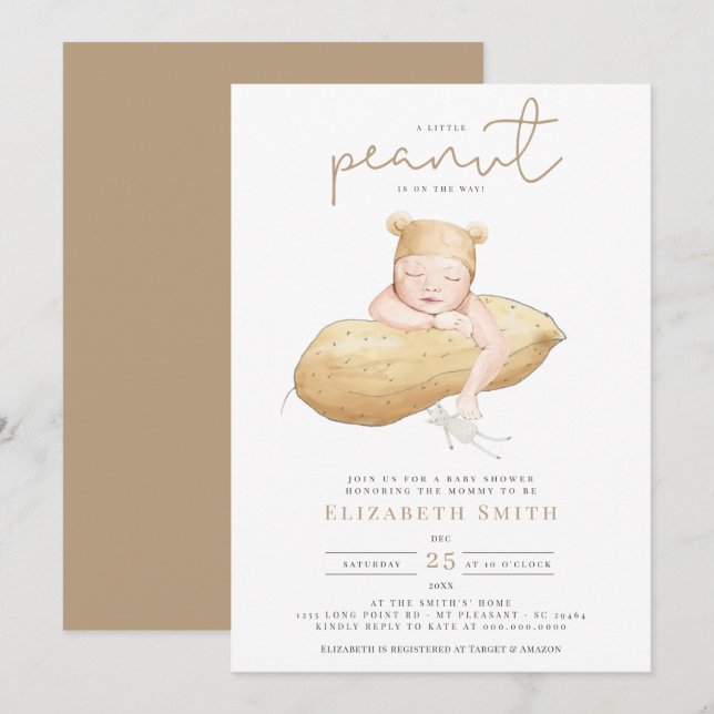 kleine Peanut-Gender-Neutral-Wasserfarben-Babyschu Einladung (Vorne/Hinten)