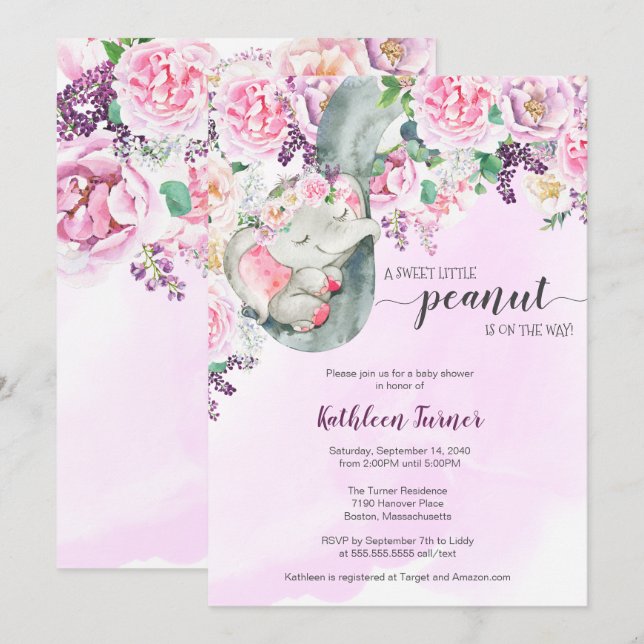 Kleine Peanut SchlafElephant Floral Baby Dusche Einladung (Vorne/Hinten)