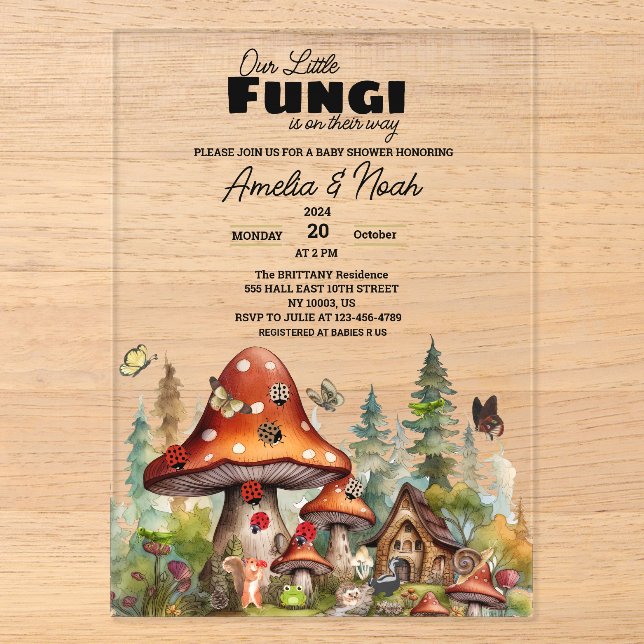 Kleine Pilzsäcke Whimsical Fall Baby Dusche Acryleinladungen (Vorderseite)