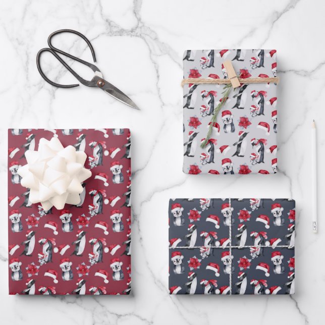 Kleine Pinguine in Weihnachtsmannmützen Geschenkpapier Set (Vorderseite)
