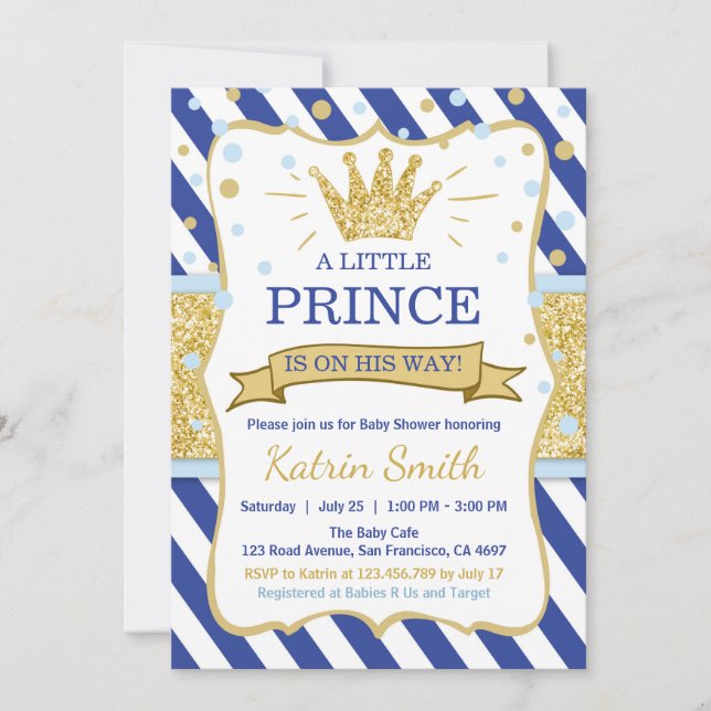Kleine Prince Baby Dusche laden Royal Blue Gold ei Einladung (Vorderseite)