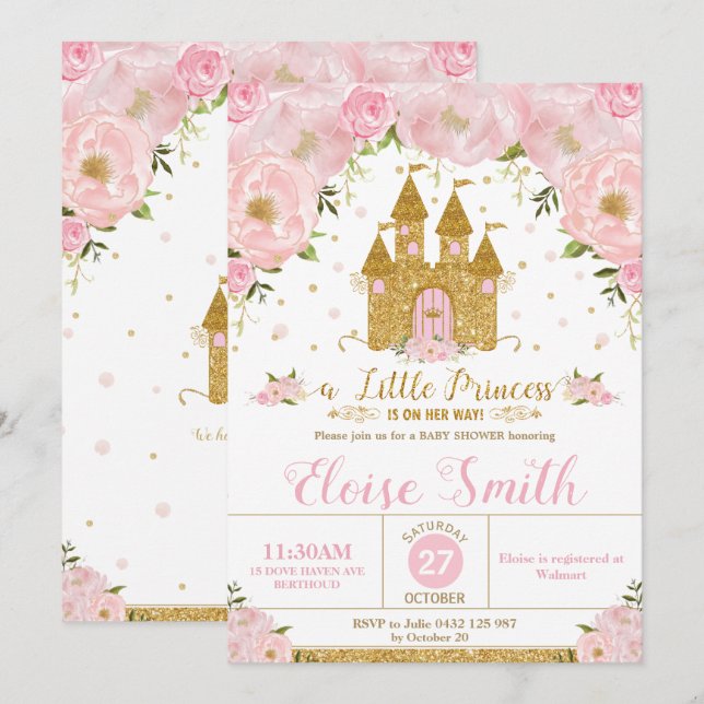 Kleine Princess Baby Dusche Burg Pink Floral Einladung (Vorne/Hinten)