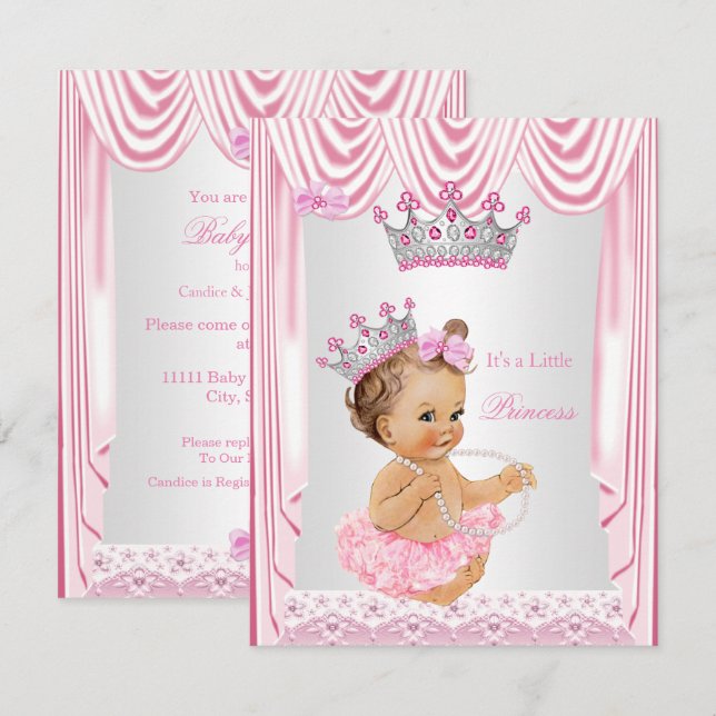 Kleine Princess Girl Babydusche Brünett Einladung (Vorne/Hinten)