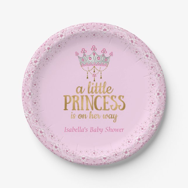 Kleine Prinzessin auf ihrem Weg Pink Gold Tiara Pa Pappteller (Vorderseite)
