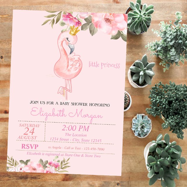 Kleine Prinzessin, Flamingo Crown Floral Baby Dusc Einladung (Von Creator hochgeladen)