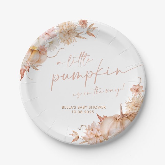 Kleine Pumpkin Baby Dusche Fall Pink Floral Pappteller (Vorderseite)