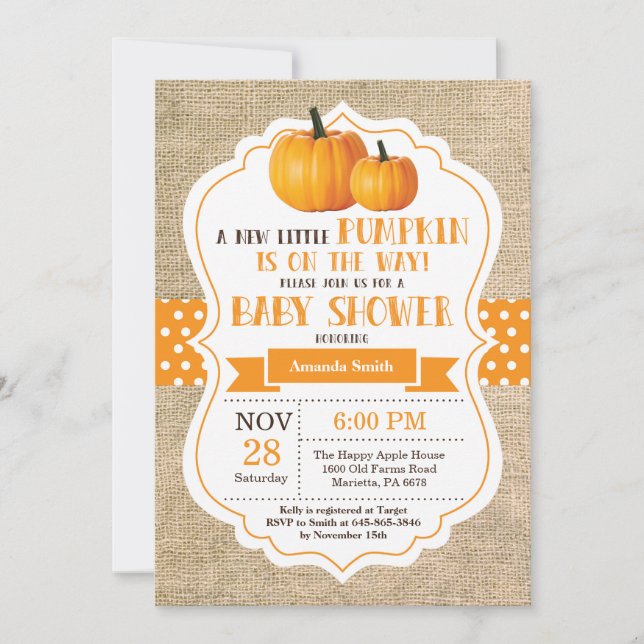 Kleine Pumpkin Baby Shower Einladungskarte Burlap (Vorderseite)