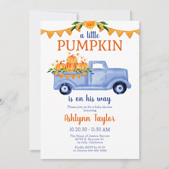 Kleine Pumpkin Boy Babydusche in einem Einladung (Vorderseite)
