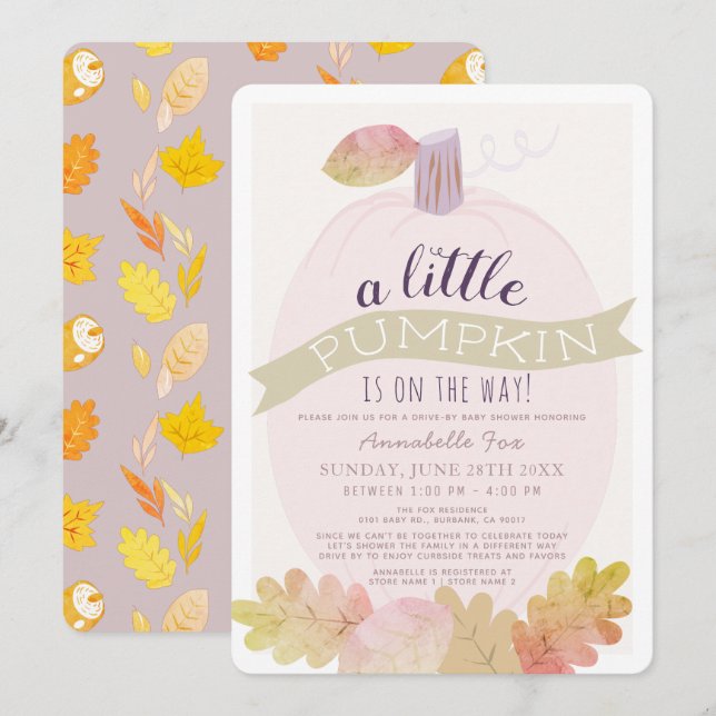 Kleine Pumpkin Lavendel Pink Drive-by Baby Dusche Einladung (Vorne/Hinten)