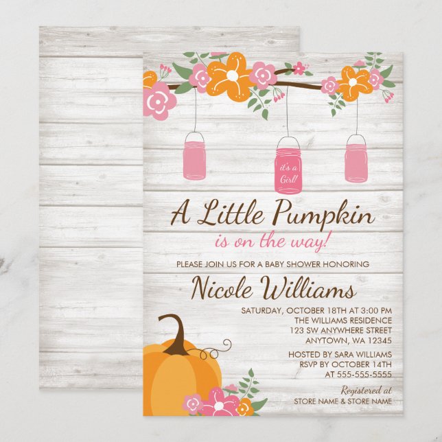 Kleine Pumpkin Mason Jars Fall Girl Babydusche Einladung (Vorne/Hinten)