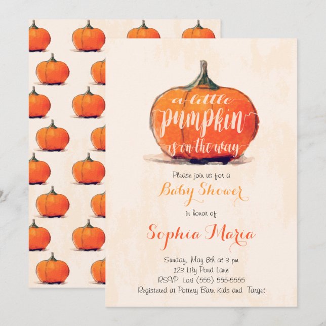 Kleine Pumpkin Wasserfarben Kinderdusche laden ein Einladung (Vorne/Hinten)