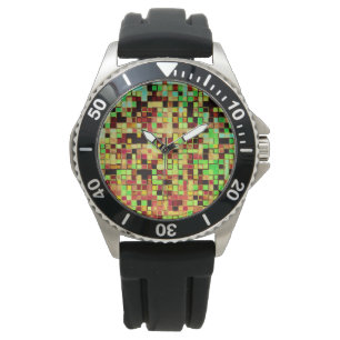 Kleine Quadrate oder Kachel in Grün und Orange Armbanduhr