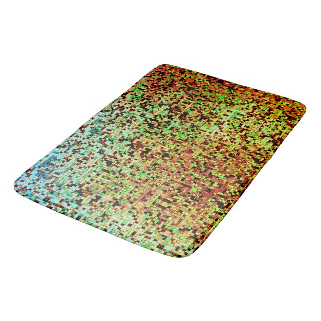 Kleine Quadrate oder Kachel in Grün und Orange Badematte (Schrägansicht)