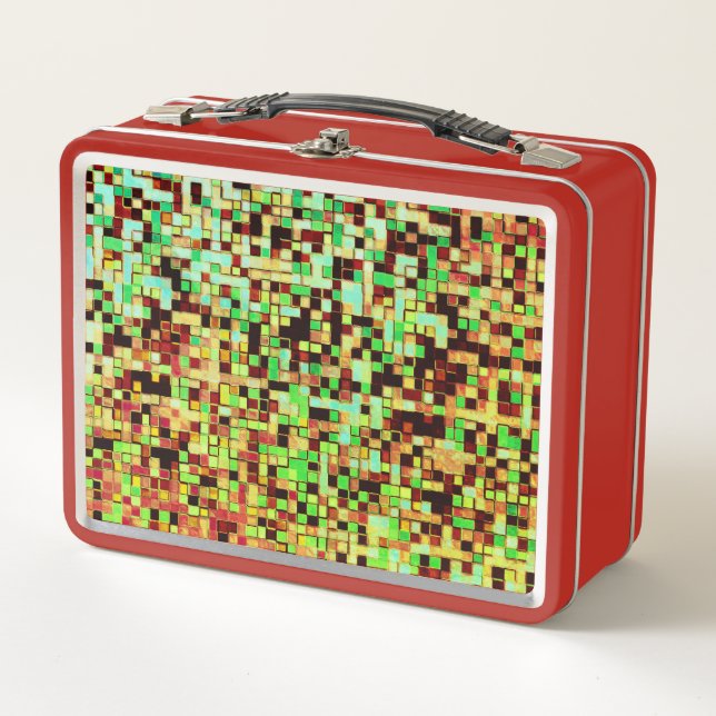 Kleine Quadrate oder Kachel in Grün und Orange Metall Brotdose (Vorderseite)