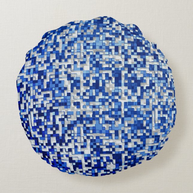 Kleine Quadrate überlagert, blaue Farbtöne mit Wei Rundes Kissen (Rückseite)