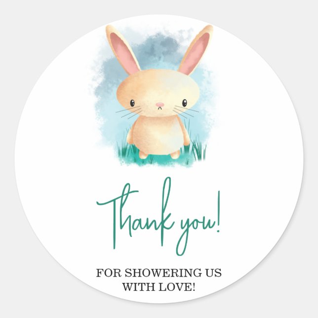 Kleine Rabbit Babydusche danke Runder Aufkleber (Vorderseite)