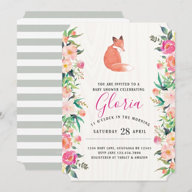 Kleine Red Fox Floral Baby Dusche Einladung (Vorne/Hinten)