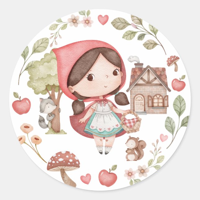 Kleine Red Riding Hood Niedlich Whimsical Runder Aufkleber (Vorderseite)