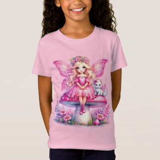 Kleine rosa Fee sitzend auf einem Pilz T-Shirt