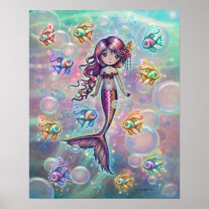 Kleine rosa Meerjungfrau mit Fisch und Blasen Fant Poster