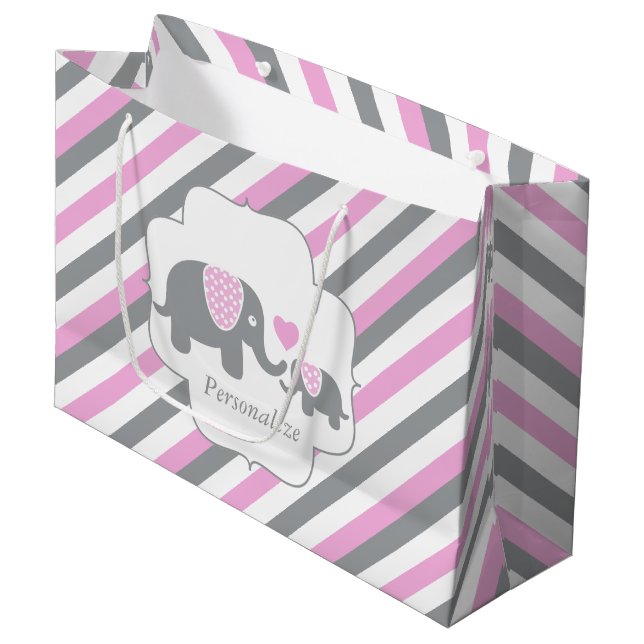 Kleine, rosa und graue Streifen Elefanten Babydusc Große Geschenktüte (Vorderseite Schrägansicht)