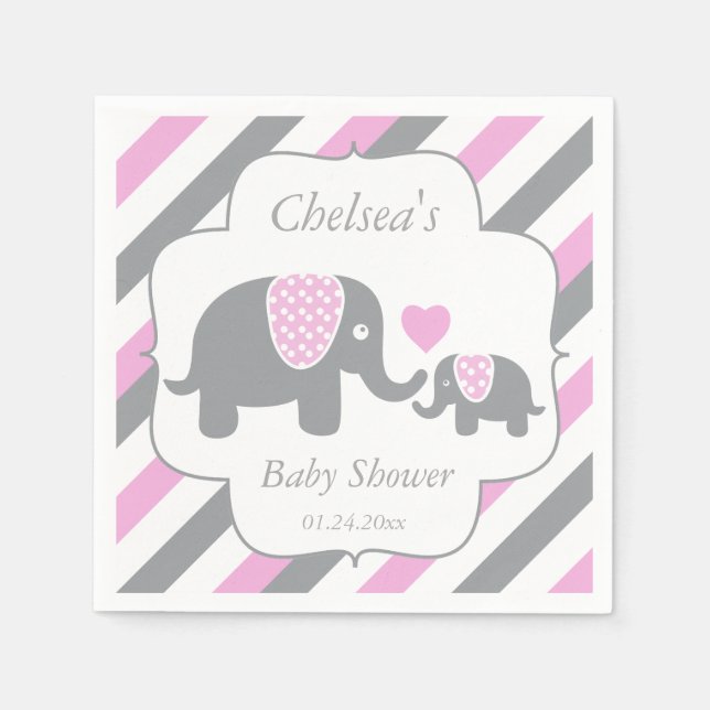 Kleine, rosa und graue Streifen Elefanten Babydusc Serviette (Vorderseite)