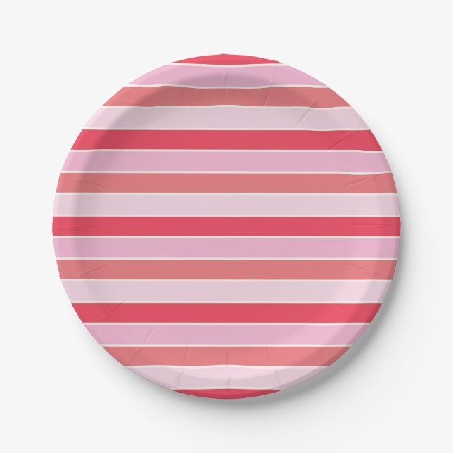 Kleine rosa und korallenfarbene Streifen Pappteller (Vorderseite)