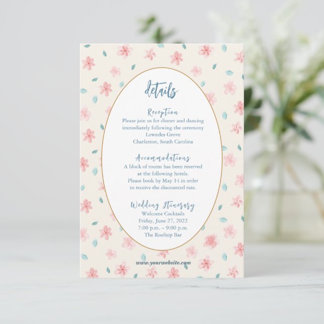 Kleine, rosafarbene, florale Detailkarte Begleitkarte (Stehend Vorderseite)
