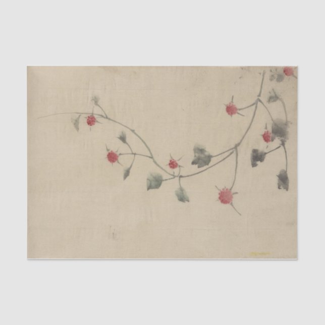 Kleine rote Blüten auf einem Weinberg von Hokusai Seidenpapier (Vorderseite)