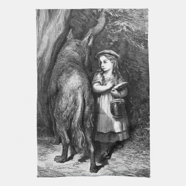 Kleine rote Reithose trifft alten Vater Wolf Geschirrtuch (Vertikal)