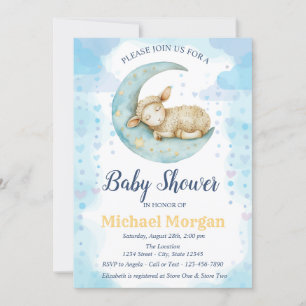 Kleine Schaf-Mond-Herzen Blaue Babyparty Einladung