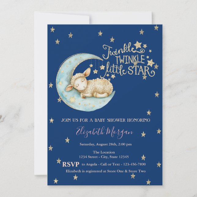 Kleine Schafe, Mond, Glitzer Twinkle Star Babydusc Einladung (Vorderseite)