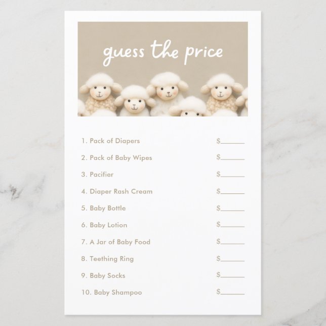 Kleine Schafe schätzen das Price Baby Shower Game (Vorderseite)