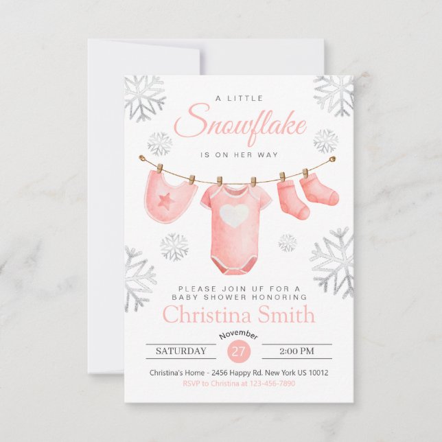 Kleine Schneeflocke auf dem Weg Pink Baby Girl Dus Einladung (Vorderseite)