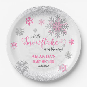 Kleine Schneeflocke Rosa Silber Glitzernde Babypar Pappteller