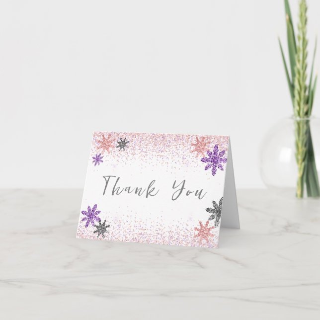 Kleine Schneeflocke Winter Pink Babydusche Silber Dankeskarte (Vorderseite)