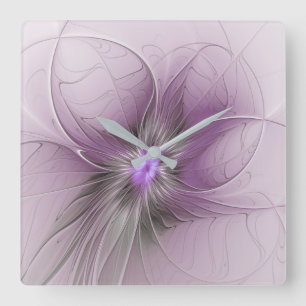 Kleine Schönheit Moderne Mauve Graue Fraktal Kunst Quadratische Wanduhr