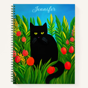 Kleine schwarze Katze im Tulip Garden Journal Notizbuch
