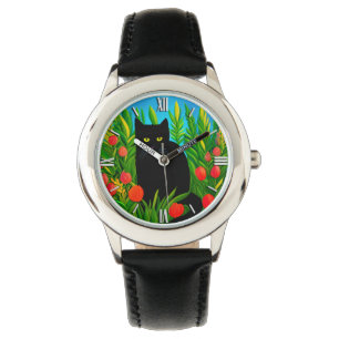 Kleine schwarze Katze in einem Tulip-Garten Armbanduhr