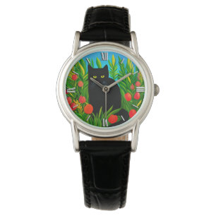 Kleine schwarze Katze in einem Tulip-Garten Armbanduhr