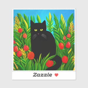 Kleine schwarze Katze in einem Tulip-Garten Aufkleber
