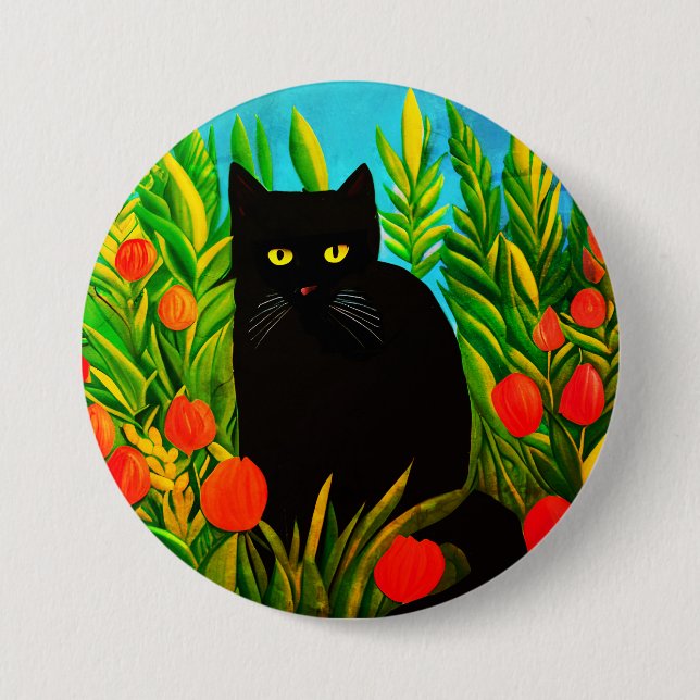 Kleine schwarze Katze in einem Tulip-Garten Button (Vorderseite)
