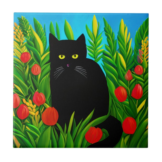 Kleine schwarze Katze in einem Tulip-Garten Fliese (Vorderseite)