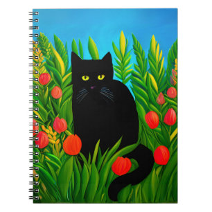 Kleine schwarze Katze in einem Tulip-Garten Notizblock