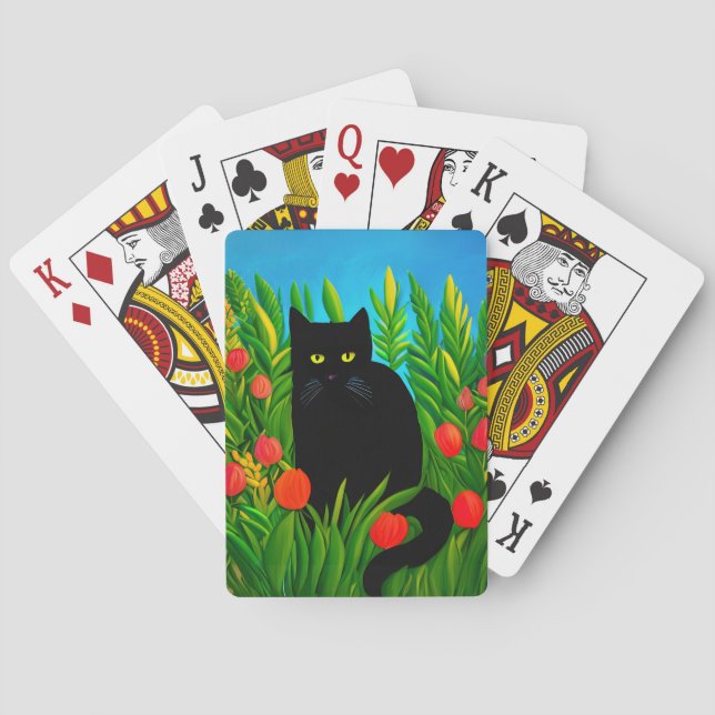 Kleine schwarze Katze in einem Tulip-Garten Spielkarten (Rückseite)